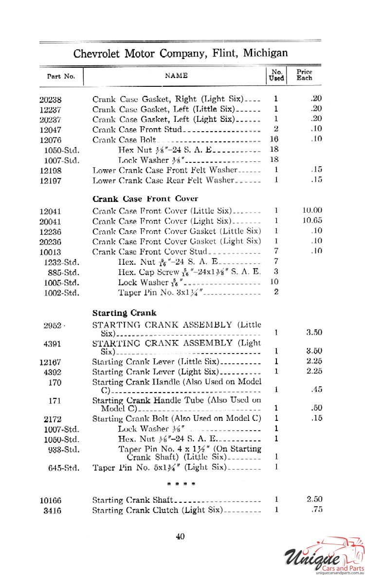 1912 Chevrolet Light and Little Six Parts Price List Page 64